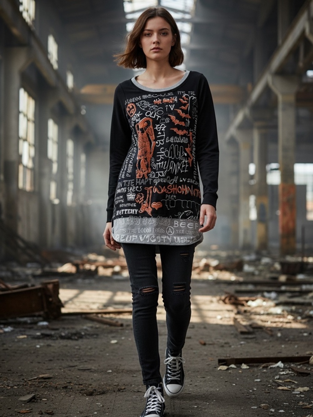 Rosa Italy Black grafitti Graphic Long-Sleeve Jersey Top with Orange Accents S